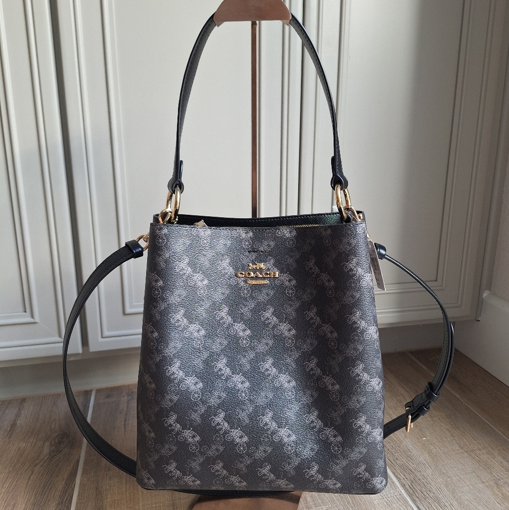 COACH Town Bucket Horse Carriage 2WAY Handbag Tote Black Grey Multi
